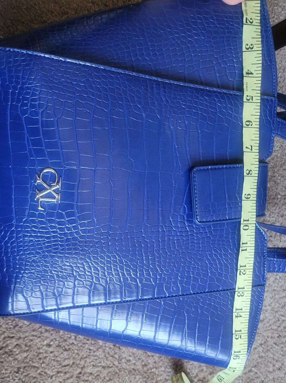 Cobalt blue tote bag with crocodile embossing and logo detail - Picture 7 of 16